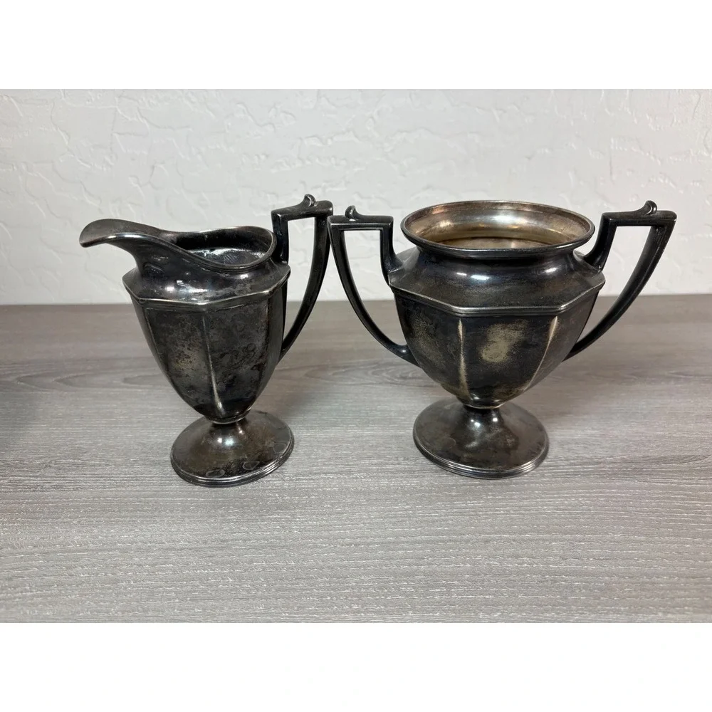 Vintage HMCEP Silver Plated Creamer and Sugar Bowl Set Art Deco Paneled‎ 0606